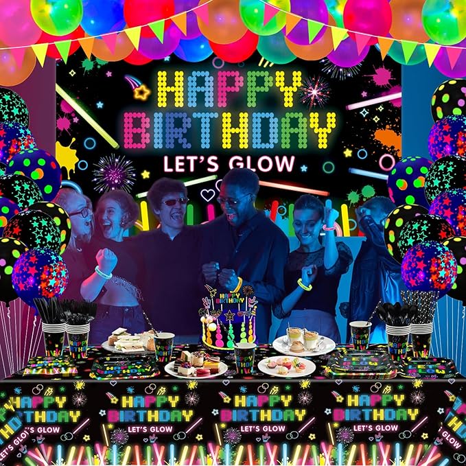 218 Pack Glow Neon Party Supplies Neon Glow Plate Set Neon Balloon Glow in the Dark Happy Birthday Backdrop Glow Birthday Blacklight Party Decoration Neon Glow Banner Set Serves 20