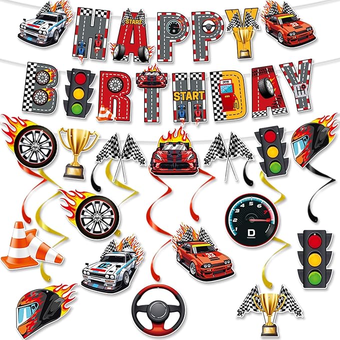 Zwiebeco Race Car Happy Birthday Banner Bunting Hanging Paper Swirls Garland Party Decorations for Racing Themed Boys Men Bday Baby Shower Decor Accessories Supplies