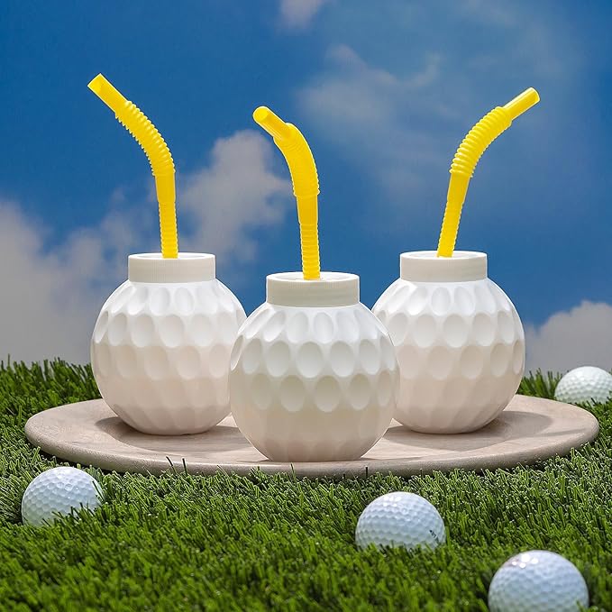 Fun Express Golf Party Decorations Cups - 12 Pack Golf Ball Molded 14 oz Plastic Cups with Lids and Straws | Perfect Birthday Party Supplies & Favors for Kids Themed Celebrations & Events