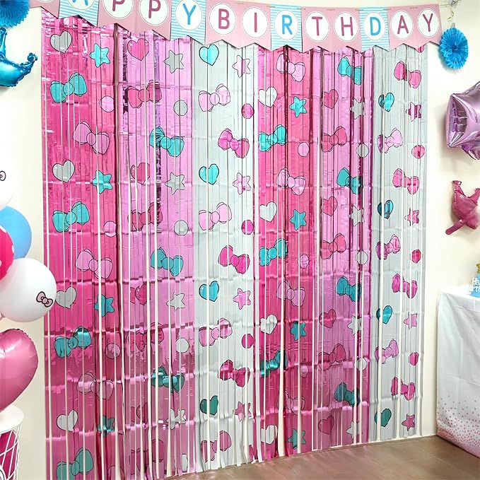 Kawaii Birthday Decorations, 2 Pack Cartoon Cat Theme Party Supplies, 3.3 x 6.6ft Tinsel Foil Fringe Curtains, Bow Photo Booth Props, Backdrop Streamers, Perfect Room & Doorway Decor for Girls