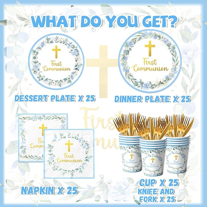 First Communion Decorations for Boys, Baptism Plates and Napkins Blue Primera Comunion Decoracion 1st Communion Party Supplies for Baptism Party Decorations Serves 25