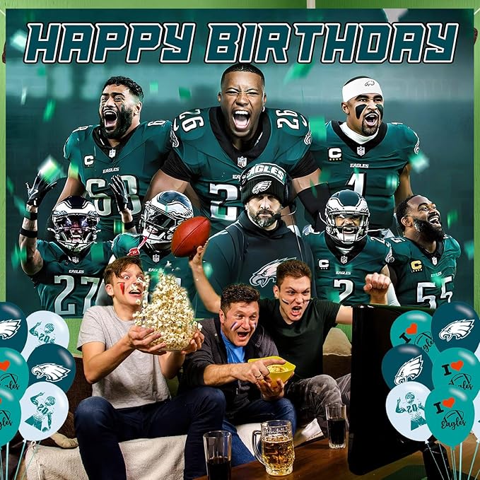 American Football Birthday Party Decoration,Photo Background 5 x 3 FT, 18 Pcs Balloons,Philadelphia Merch Party Backdrop Supplies