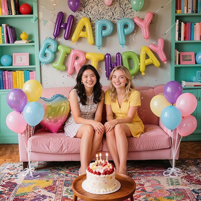 Colorful Happy Birthday Banner Balloon Aluminum Foil 16in Letter, 12in Latex Balloons, 11.8in Long Balloons, 16in Love Heart Aluminum Foil Balloon, Men, Women, Party Decoration Supplies (Colorful-1)