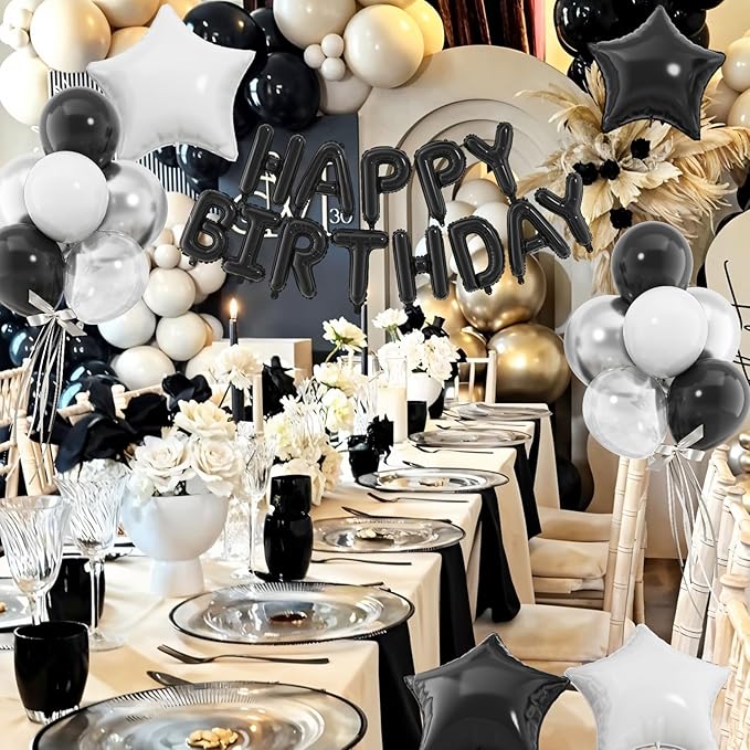 29PC Black Happy Birthday Balloon Banner, 16 Inch 3D Aluminum Letter Banner Sign, Metallic Silver Black White Clear Helium Balloons 18 Inch Star Foil Balloons for Women, Men Party Supply