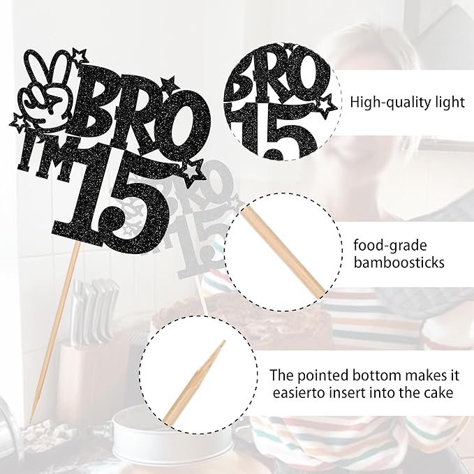 1 PCS Brother I'm 15 Cake Topper Glitter Star Happy 15th Birthday Cake Pick Bro I'm 15 Cake Decoration It's My 15th Birthday Decorations for Boys Cheers to 15 Years Old Birthday Party Supplies Black