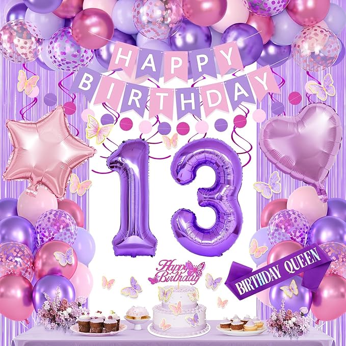 13th Purple Birthday Decorations for Girls, Pink and Purple Happy 13 Birthday Party Decorations with Happy Birthday Banner, Number Foil Balloons, Butterfly Cake Topper for 13th Party Supplies