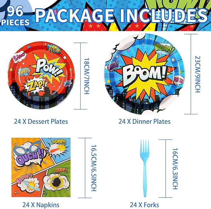 Grencian 96Pcs Super Theme Hero Party Decorations Hero Themed Plates and Napkins Disposable Heroes Action Paper Plates Tableware Set for Boys Kids Birthday Party Baby Shower Supplies, Serves 24