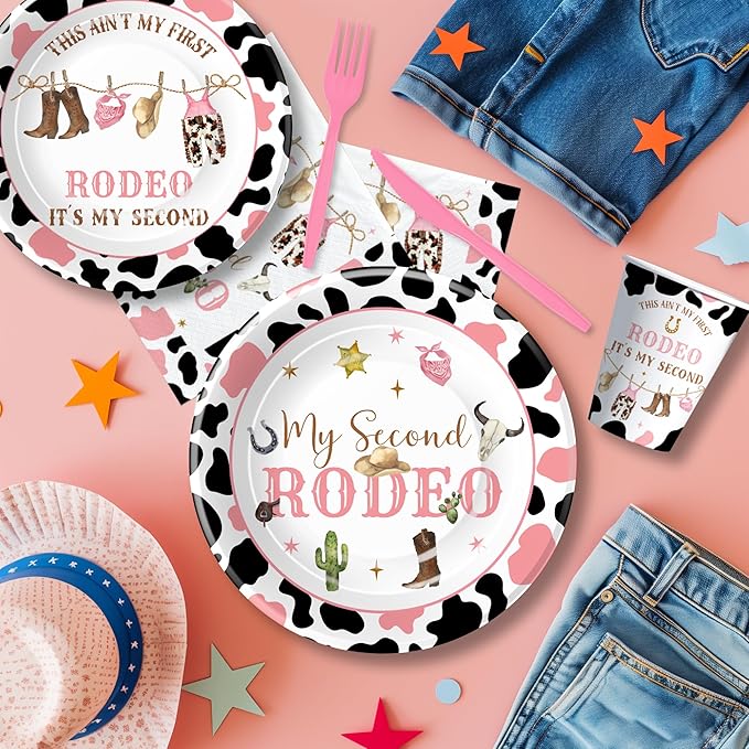 Western Cowgirl 2nd Birthday Party Supplies, Wild West My Second Rodeo Birthday Decorations Tableware Girl, Paper Plate, Cup, Napkin, Fork | Serve 24