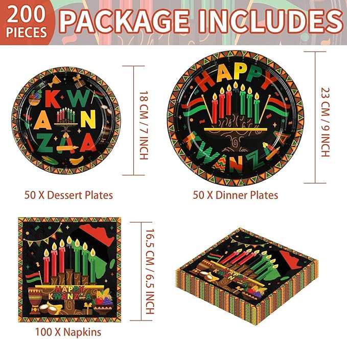 200 Pcs Kwanzaa Party Decorations Africans American Traditional Festival Paper Plates and Napkins Happy Kwanzaa Tableware Set for African Heritage Holiday Party Decorations Serves 50