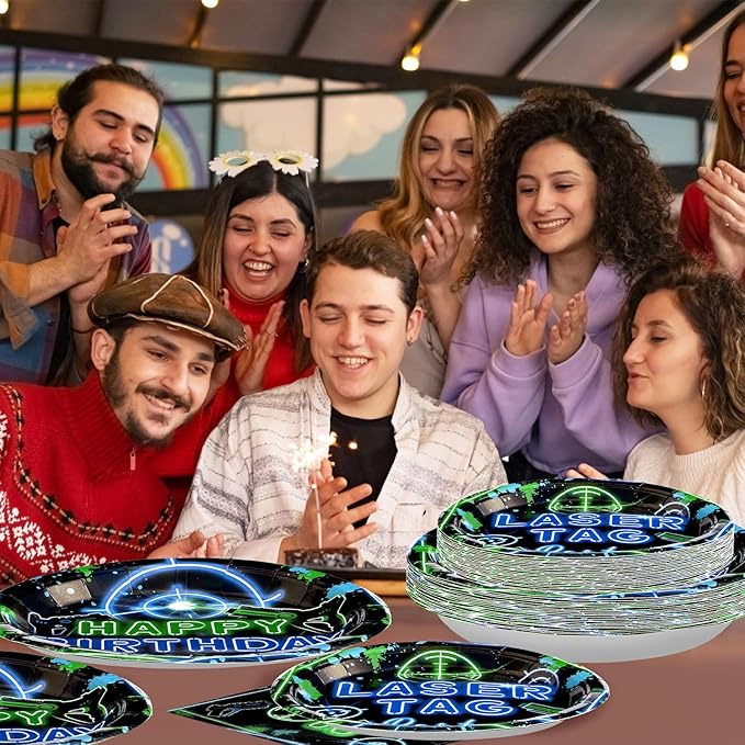 Grencian 96PCS Laser Tag Birthday Party Decorations Set - Green, Blue Laser Party Plates, Disposable, Serves 24