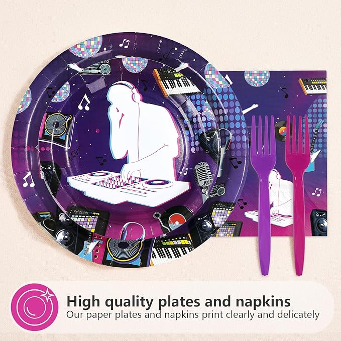 96 Pcs DJ Birthday Party Decorations Music Themed Party Paper Plates and Napkins Rock DJ Short Video Tableware Set for Boys Girls Adults Birthday Supplies Serves 24