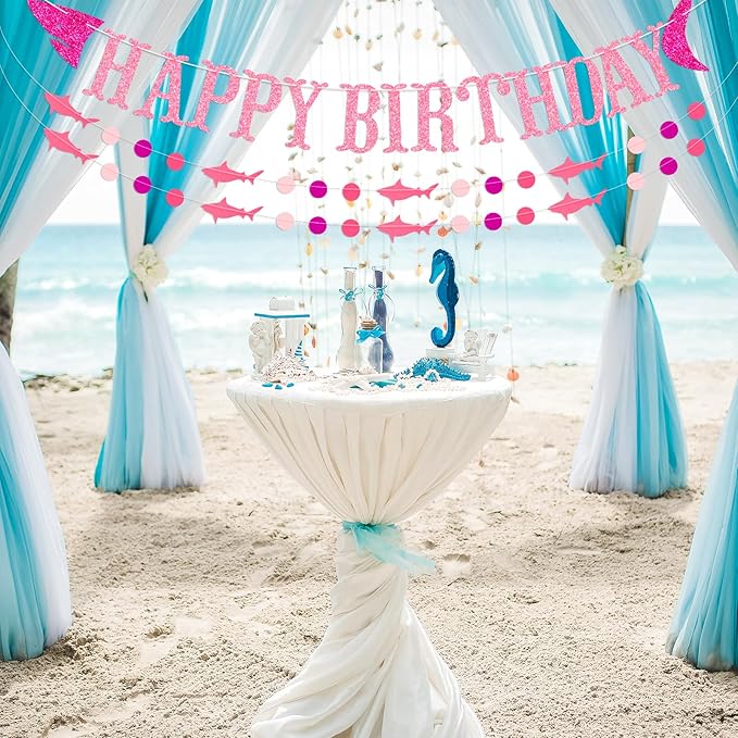 Shark Happy Birthday Banner and Garlands, Ocean Beach Under The Sea Theme Party, Shark Party Supplies (Pink)