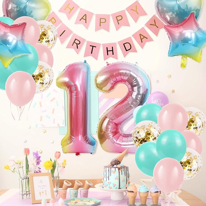 12th Birthday Decorations for Girls Gradient Color Age 12 Birthday Balloons with Happy Birthday Banner for Baby Showers Twelfth Birthday Party Supplies for Girls Boys (12th-Birthday)