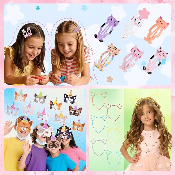 Vanblue 146Pcs Cat Party Favors Themed Birthday Party Decorations for Kids, Cat Party Supplies Goodie Bag Stuffers Fillers,Pet Headband Gifts Bags