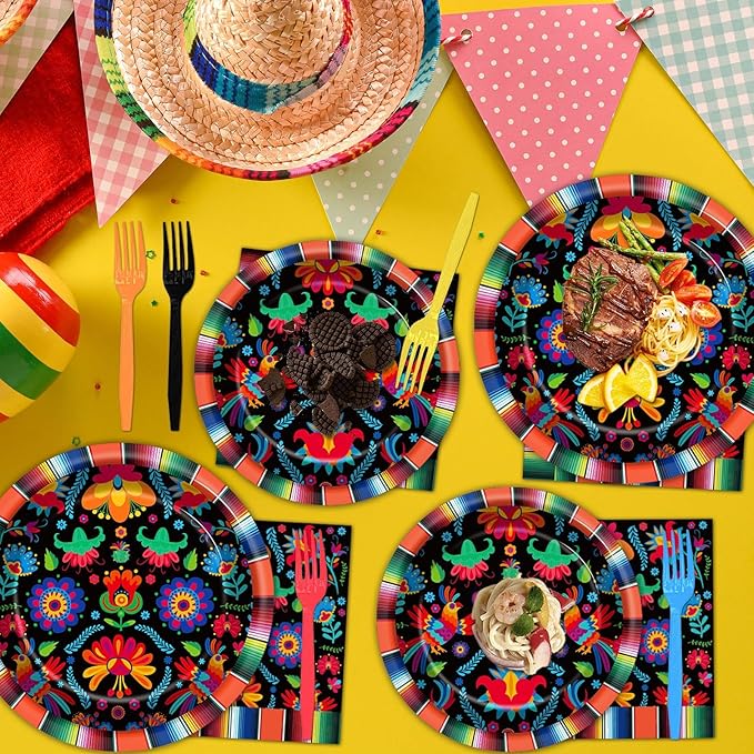 50 Guests Mexican Fiesta Plates and Napkins Party Supplies Mayo Datura Flower Party Decorations Disposable Tableware Set Day of The Dead Dinnerware Favor for Pinata Taco Theme Decor, 200PCS
