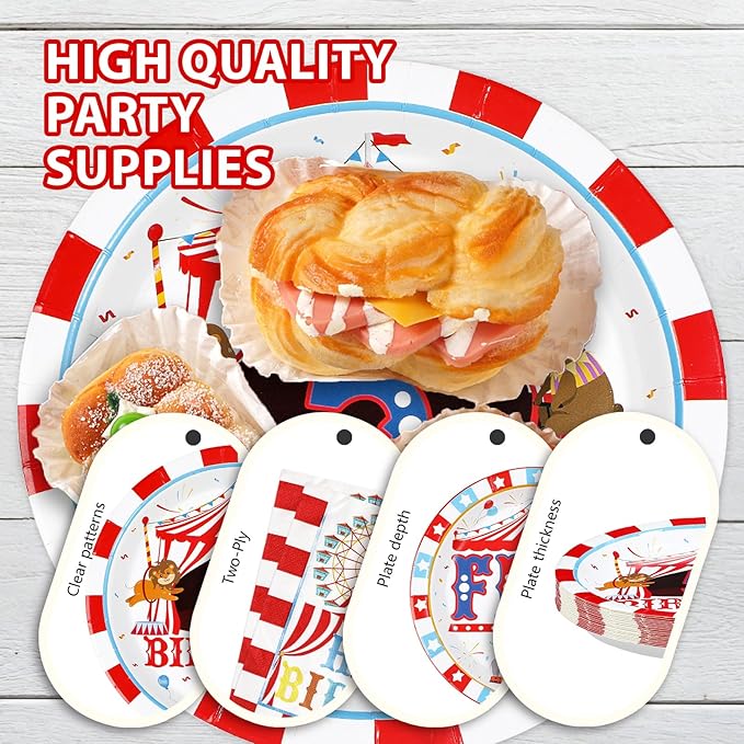 96Pcs Carnival 5th Birthday Party Decorations Christmas Carnival Circus Fifth Birthday Plates and Napkins Tableware Sets Circus Theme Decorations for Kids Baby Shower Five Years Old Supplies Serves 24