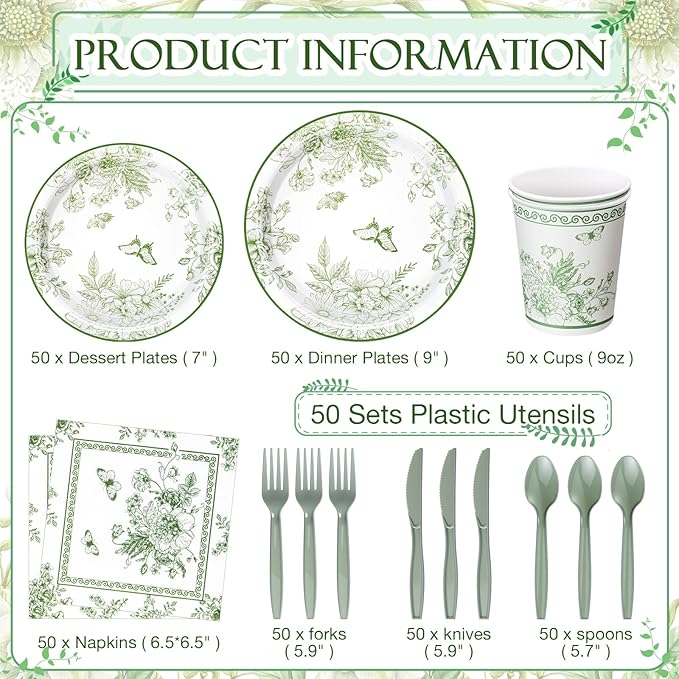 350 Pcs Tea Party Supplies Spring Summer Party Tableware Set Disposable Plates Napkins Paper Cups Plastic Cutlery Set for Birthday Bridal Baby Shower Serves 50 (Green Floral)