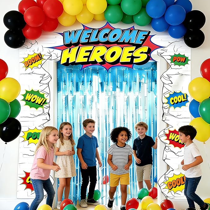 80PCS Hero Themed Birthday Party Decorations Supplies - Door Porch Banner Backdrop Balloons Blue Foil Fringe Curtains for Kids Birthday Baby Shower Classroom Photo Booth Prop