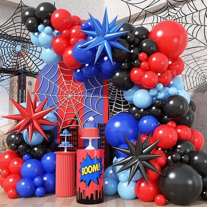 Black Red and Blue Balloons Arch Garland Kit, 106pcs Spider Theme Balloon Arch Kit with Starburst Foil Balloons, Hero-Themed Party Decorations and Birthday Backdrop for Boys