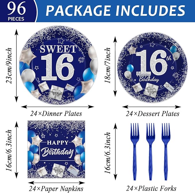 gisgfim 96Pcs 16th Birthday Plates and Napkins Party Supplies Sweet 16 Birthday Party Tableware Set Blue Silver 16th Birthday Decorations Favors for 16 Years Old Boys Girls for 24 Guests