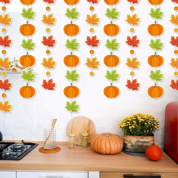 MARFOREVER 41 Ft Thanksgiving Maple Leaf Pumpkin Paper Garland, Fall Party Hanging Decorations Autumn Hanging Swirl Streamers for Fall Harvest Thanksgiving Baby Shower Home Ceiling Decorations