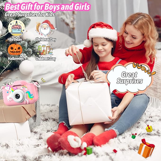 Dwfit Upgrade Selfie Kids Camera, Christmas Birthday Gifts for Boys Girls Age 3-12, HD Kids Digital Video Cameras for Toddler with Cartoon Soft Silicone Cover, Portable Toy for 3 4 5 6 7 8 Years Old