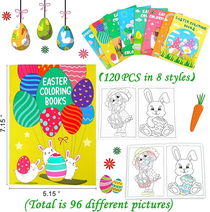 90shine 120PCS Easter Coloring Books for Kids Bulk, Spring Bunny Egg Crafts Basket Goodie Stuffer Bag Stuffers Exchange Gifts Party Favors Holiday Class Activity Supplies Decorations