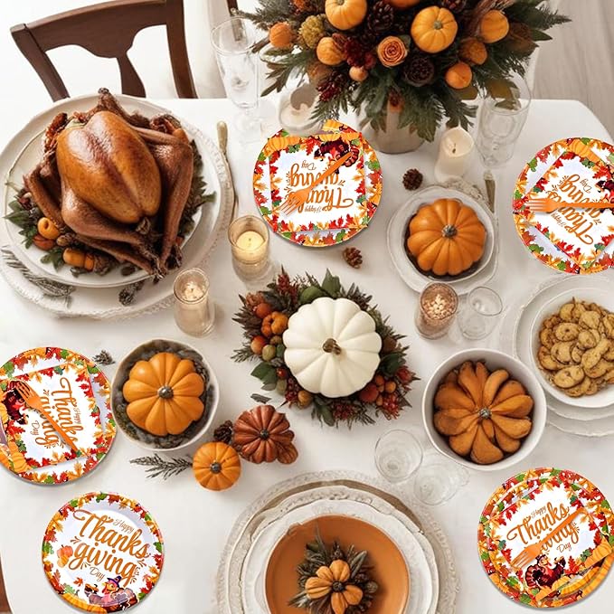 96 Pieces Happy Thanksgiving Tableware Set Party Supplies - Fall Harvest Pattern Disposable Dinnerware with Paper Plates, Napkins, Forks for Autumn and Thanksgiving Dinner BBQ Picnic Favors