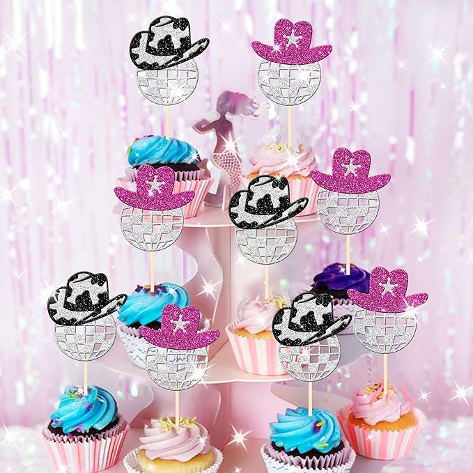 24 PCS Sparkling Disco Ball Cupcake Toppers Western Cowboy Hat Cupcake Picks Cowgirl 70s Disco Balls Cupcake Decorations for 1970s Music Disco Theme Birthday Party Cake Decorations Supplies