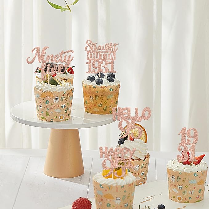 30PCS 95th Birthday Cupcake Toppers Glitter Nighty Five Happy 95 Straight Outta 1931 Cupcake Picks for Cheers to 95 Fabulous 95th Birthday Anniversary Party Cake Decorations Supplies Rose Gold