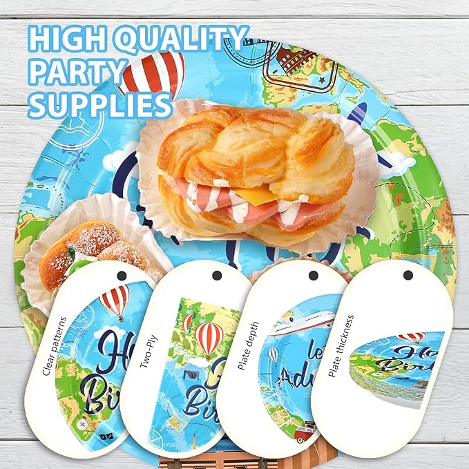 96Pcs Adventure Awaits Birthday Decorations Let The Adventure Begin Plates and Napkins Travel Theme Birthday Decor for Kids Boys World Map Graduation Travel Bday Baby Shower Party Supplies Serves 24