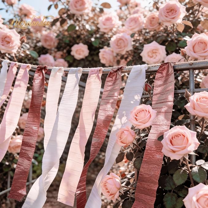 NICROLANDEE Wedding Party Supplies - 8 Rolls Rose Gold Crepe Paper Streamers Tassels Streamer Paper for Wedding Valentine's Day Birthday Baby Bridal Shower Family Gathering Decorations, 82ft Long