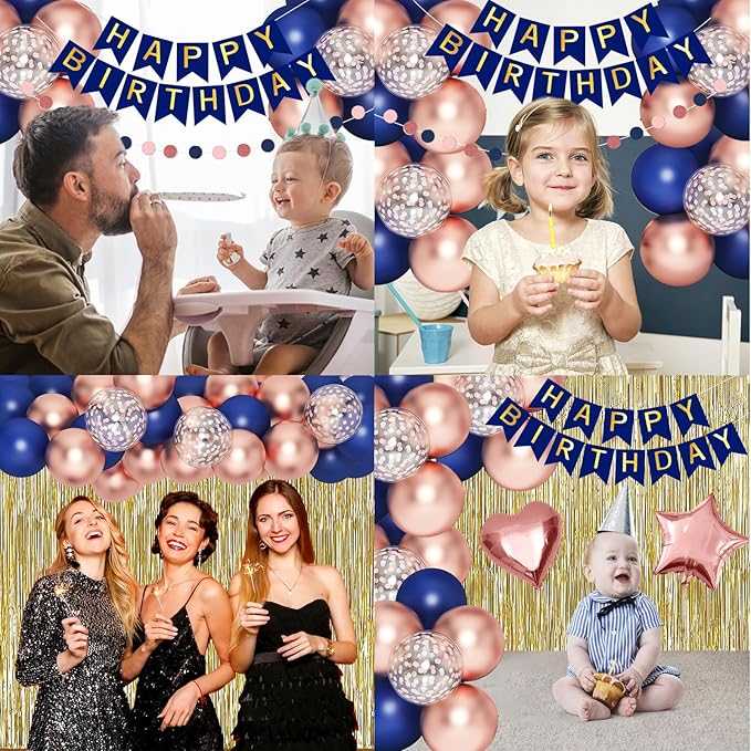 Navy Blue Rose Gold Happy Birthday Decorations Kit, Rose Gold Balloons Birthday Party Supplies for Women Girls Men, Happy Birthday Banner, Circle Dot Garland, Fringe Curtains, Latex Confetti Balloons