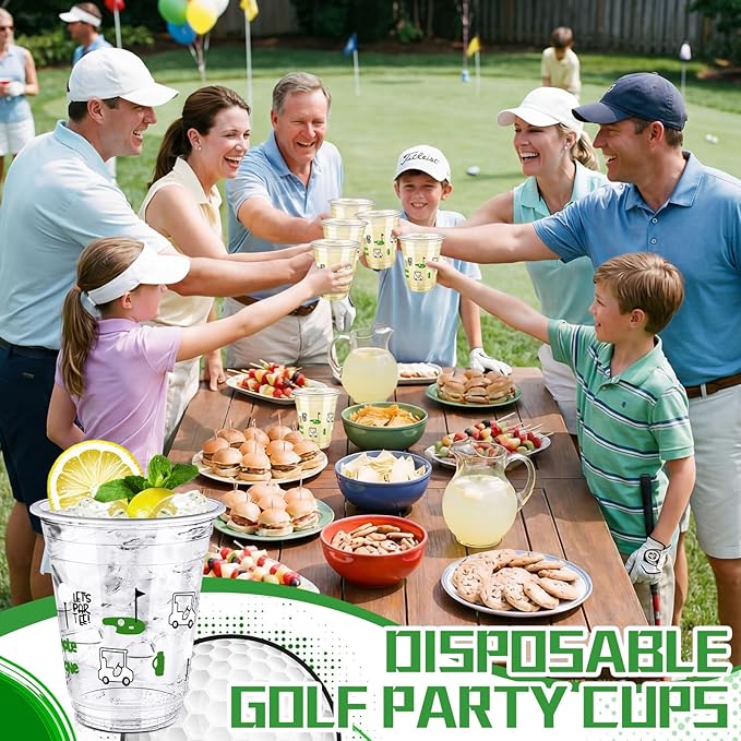Qinyoung 50 Pcs Golf Party Supplies Bulk Clear Plastic Cups 12oz Disposable Let's Par-tee for Home Sports Golf Ball Themed Birthday Bachelor Party Supplies Favors (Black,White,Green)