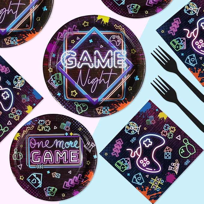 96Pcs Video Game Party Decorations Glow Neon Game On Plates and Napkins Tableware Set Game Night Decorations for Boys Game On Gamer Birthday Sleepover Slumber Prom Gaming Party Supplies Serves24