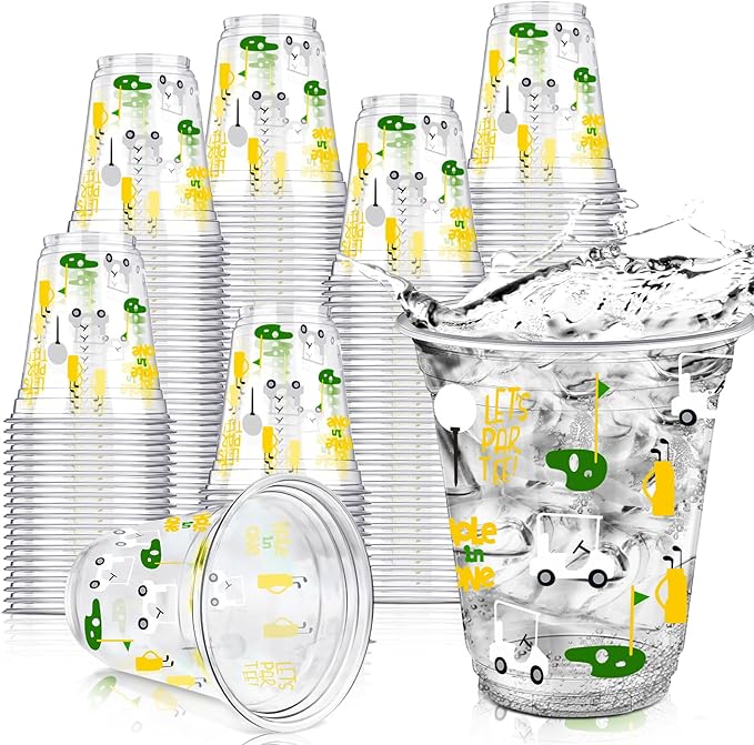 Qinyoung 100 Pcs Golf Party Supplies Bulk Clear Plastic Cups 12oz Disposable Let's Par-tee for Home Sports Golf Ball Themed Birthday Bachelor Party Supplies Favors (Yellow,Green,White)