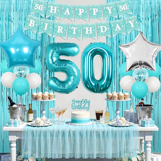 Funmemoir Teal 50th Birthday Decorations for Women - Happy 50th Birthday Banner Sash Tiara Foil Balloons Foil Fringe Backdrop and Cake Topper, Teal Blue 50 Years Old Party Supplies