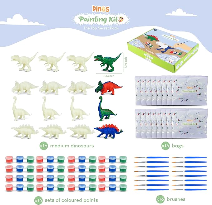 BONNYCO Dinosaur Party Favors for Kids Painting Kit Pack 16, Dinosaur Goodie Bags Stuffers for Kids 3-5 4-8. Goody Bag Stuffers, Pinata Filler. Classroom Prizes, Return Gifts Birthday Party Boys