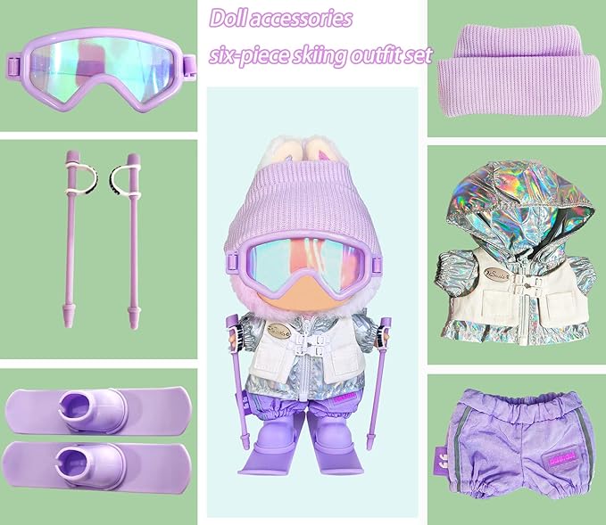 17cm Doll Clothes and Accessories Set for Lububu- Winter Snow Themed Ski Outfits with Hat, Jacket, Pants, Mini Poles, Goggles & Skis, Designer Clothing for Doll Dress-Up and Display(Purple)