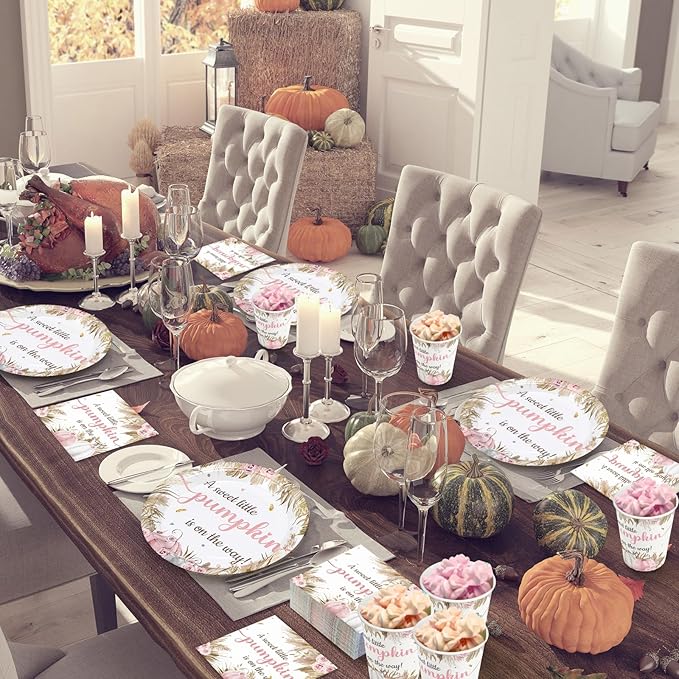 Hushee 200 Pcs Fall Boho Pumpkin Baby Shower Paper Plates Napkins Cups Baby Shower Party Supplies Tableware Set Disposable Cup Napkin for 50 Guest Party Decoration