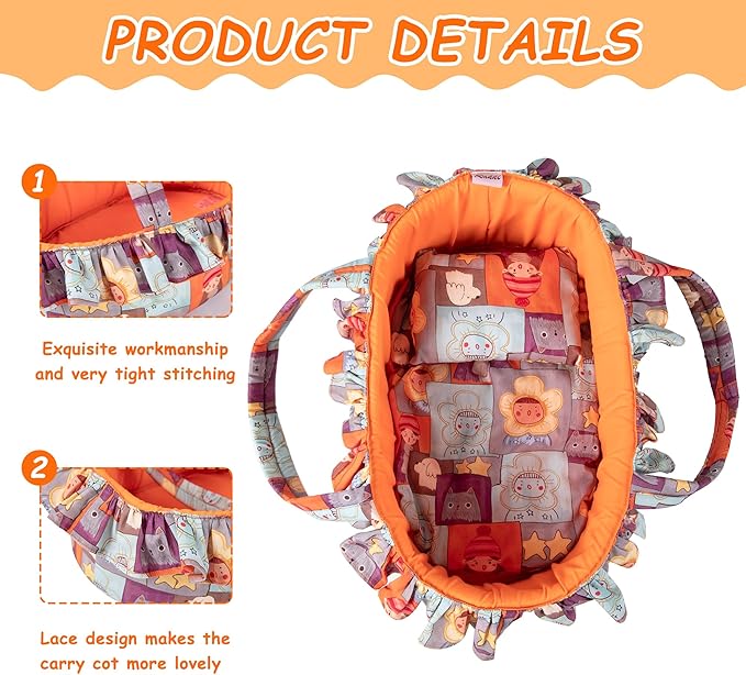 Doll Carry Cot Set, Soft 3PC Set Includes Cot, Mattress and Pillow, Orange Cartoon Doll Bassinet, Fits for 10-12 Inch American Girl Dolls