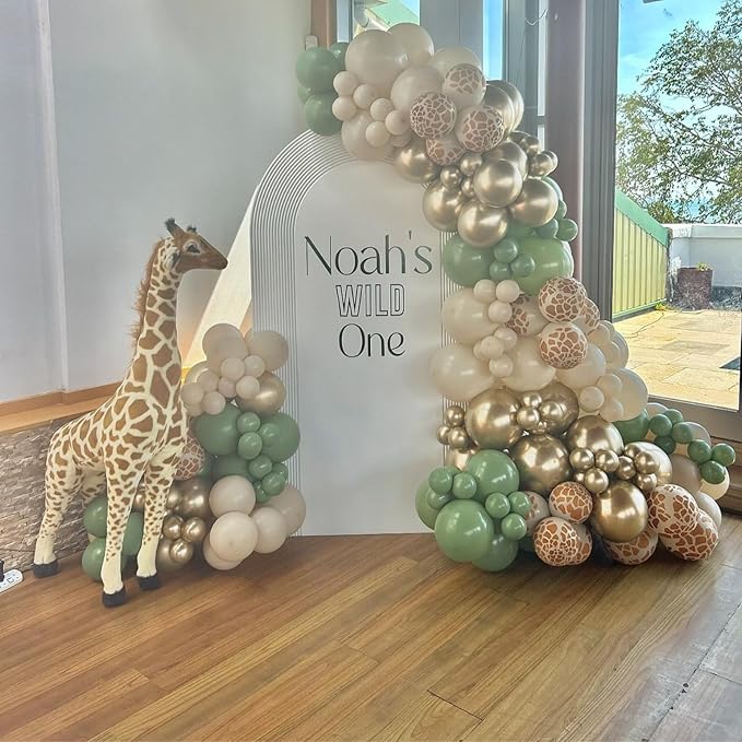 Jungle Balloons, Safari Balloons, Green Brown Balloons with Sage Green Brown Gold Ivory White Giraffe Printed Balloon for Boys Baby Shower Birthday Woodland Party Two Wild Decorations