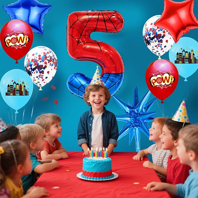Spider Web Number 5 Balloon Birthday Decoration, Superhero Themed 40in Giant Mylar Number Party Supplies
