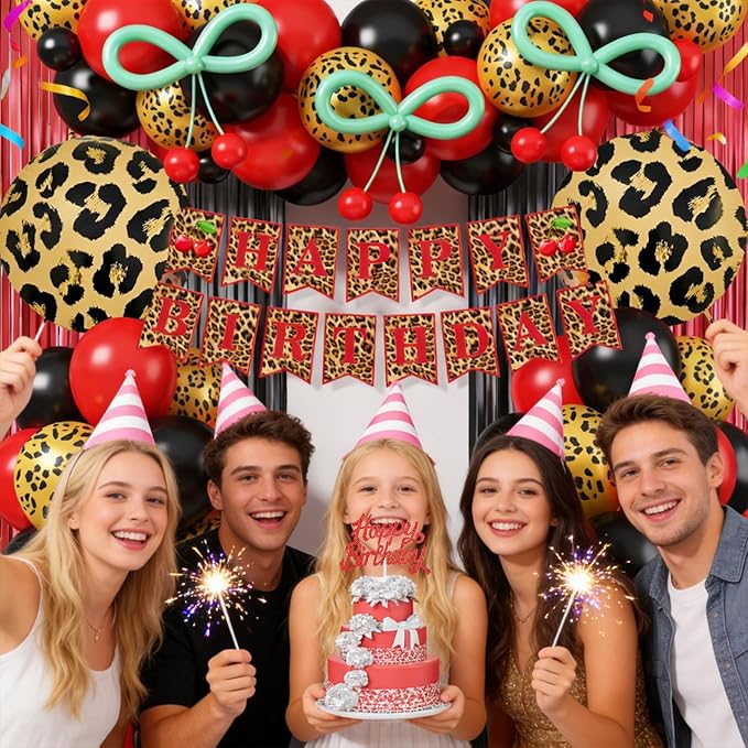 Red Cheetah and Cherry Birthday Decorations, Leopard Brithday Banner Red Black Cheetah Print Balloons Fringe Curtain Cake Toppers for Girls Women Birthday Bachelorette Party Decoration Supplies