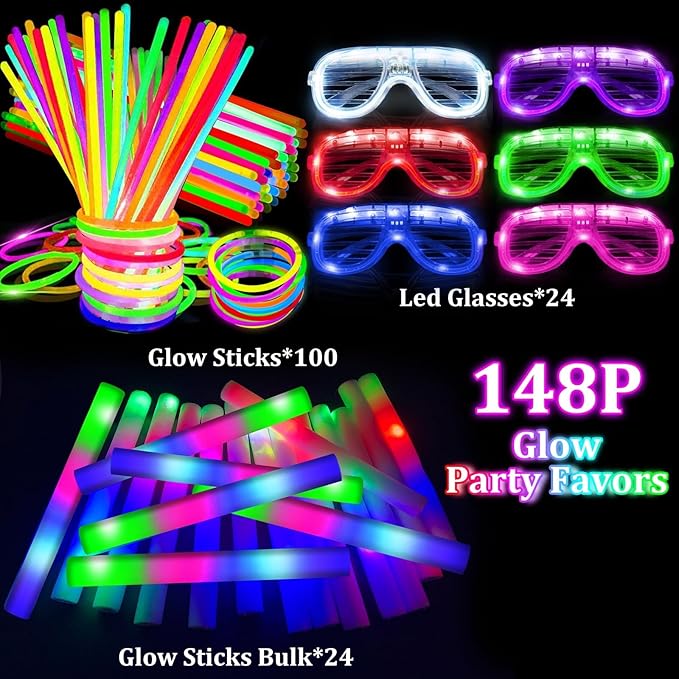 Camlinbo 148 PCS Glow in the Dark Party Supplies- 24 Pcs 12" Foam Glow Sticks, 24 Pcs LED Glasses, 100Pcs Glow Sticks Necklaces Bracelets Light Up Party Favors Pool Wedding Concert Easter Basket