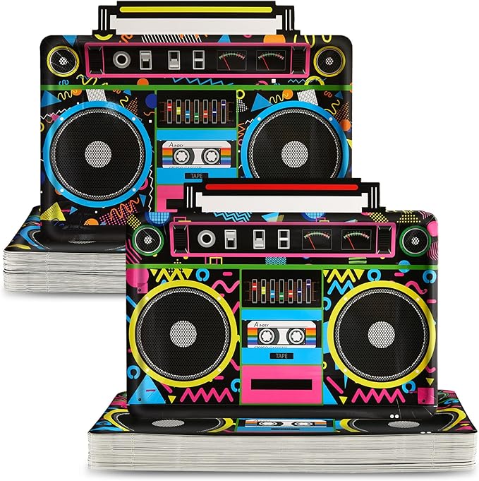 50Pcs Radio Boombox Shaped Plates 80s 90s Party Decorations Music Theme Birthday Decorations Retro Radio Boombox Paper Dinner Plates Hip Hop Party Tableware for Disco Retro Hip Hop Theme Birthday
