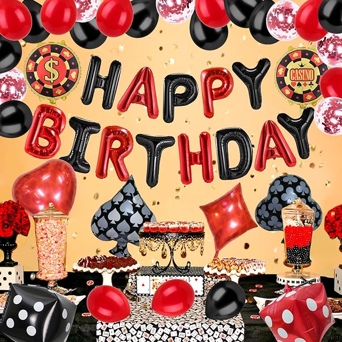 Casino Theme Party Decorations Las Vegas Poker Night Birthday Decorations Set, Aluminium Foil Happy Birthday Banner, Dice, Chips, Poker Signs, Latex Balloons