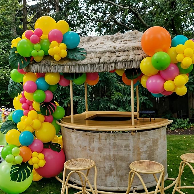 Tropical Balloons, 12 Inch Teal Metallic Gold Orange Pink Hot Fruit Green Balloons with Palm Leaves for Aloha Luau Pool Party Hawaiian Baby Shower Summer Birthday Party Decorations