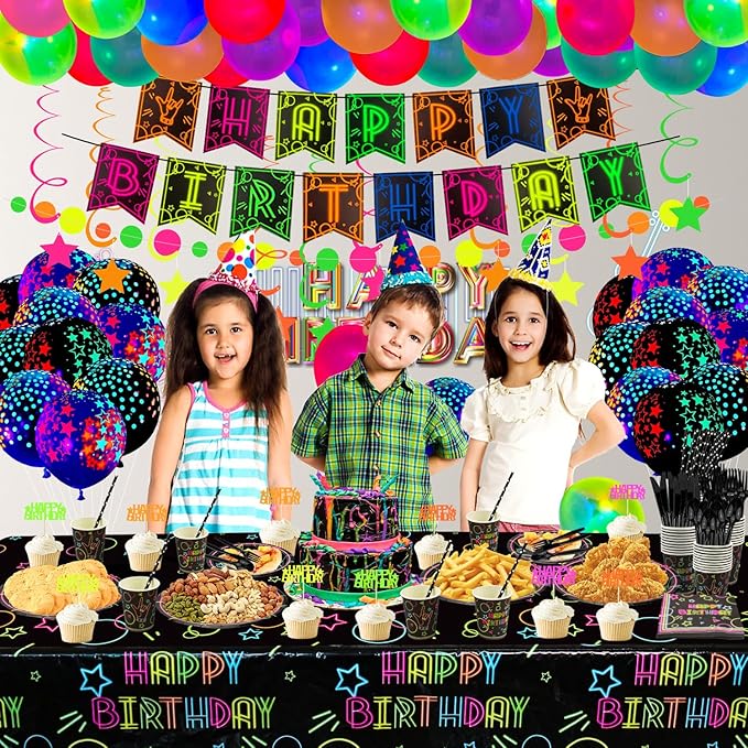 Glow Neon Party Supplies - Neon Balloon, Glow in the Dark Happy Birthday Banner, Hanging Swirls, Cake Topper, Tablecloth, Plates, Napkins, Cup for Blacklight Party Decorations, Serves 20 Guest