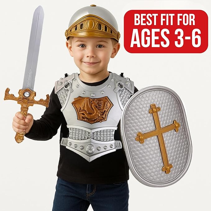 Liberty Imports Medieval Knight in Shining Armor, Kids Crusader Pretend Role Play Plastic Costume Dress Up Cosplay with Toy Swords, Axe, Shield, Weapons & Accessories Playset